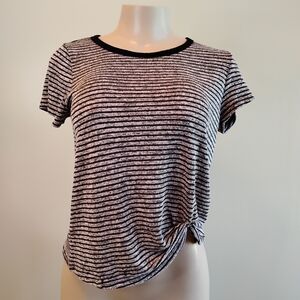 Striped Short Sleeve Knot Front Tee - Black/White